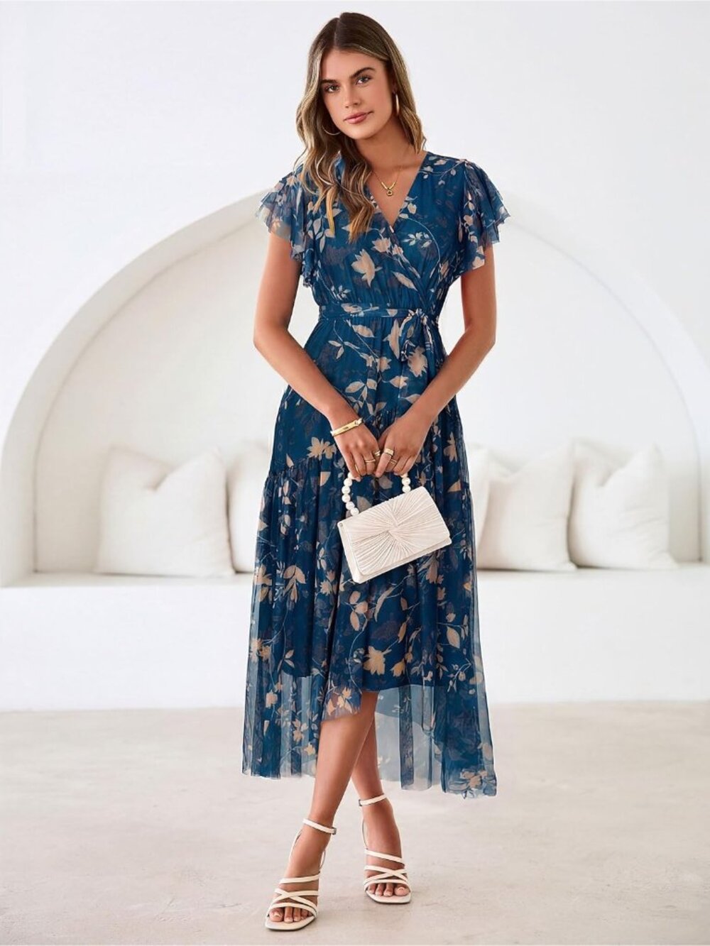Women's Blue Ink Short Sleeve V Neck Imported Casual Mesh Floral Maxi Dress - Picture 3 of 7